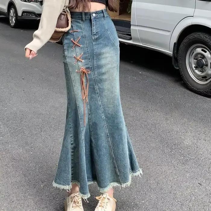Femme jupe en jean avec cordes taille haute frange longues jupes en jean pour femmes Gyaru Streetwea