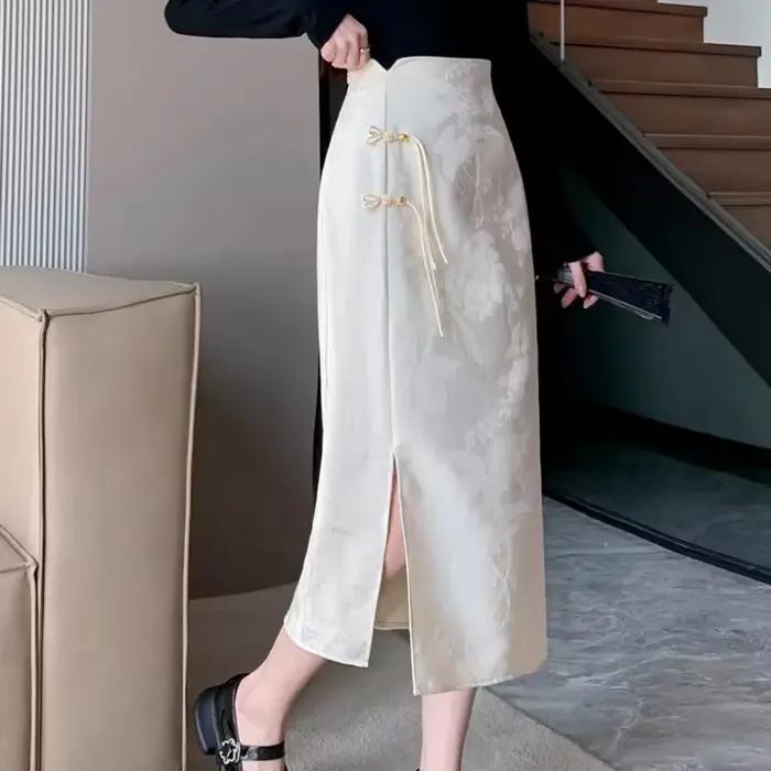 Jupes de style chinois pour femmes, streetwear décontracté imprimé, élégant, chic, couleur unie, tai