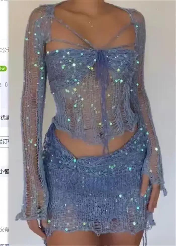 Ensemble haut et mini jupe à paillettes scintillantes pour femmes, tenue 3 pièces, vêtements de fest