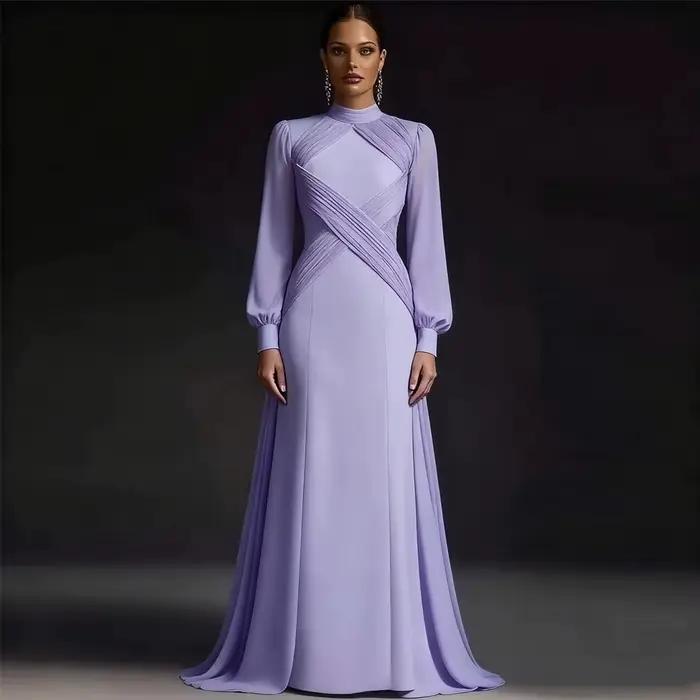 Robe de soirée longue à manches longues et col montant en lavande pour femmes, robe de soirée élégan