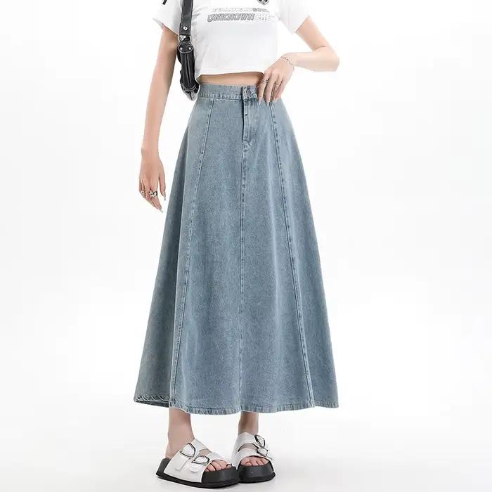 Jupe longue en jean pour femme, taille haute élastique, ligne A, mode coréenne, décontractée, bleu,