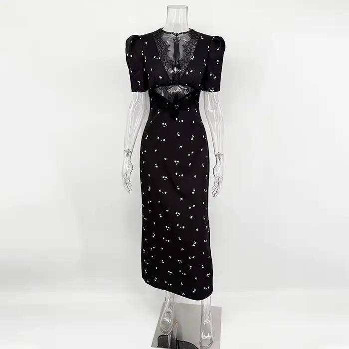 TARUXY Sexy robe en dentelle creuse mode femme à manches courtes élégant taille haute mince robe imp
