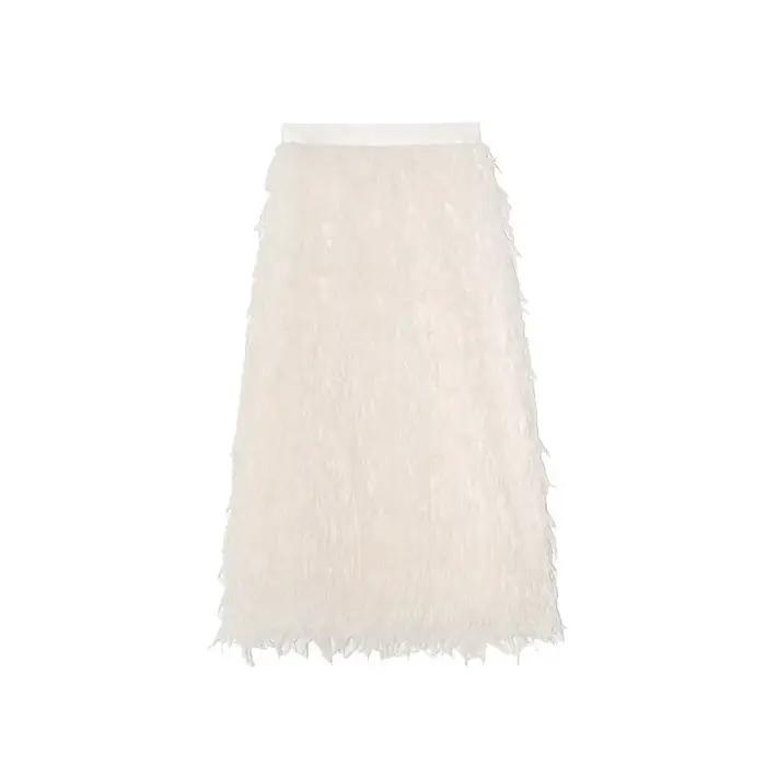 Jupe féerique élégante coupe droite amincissante avec franges en plumes, jupe midi pour femme, style
