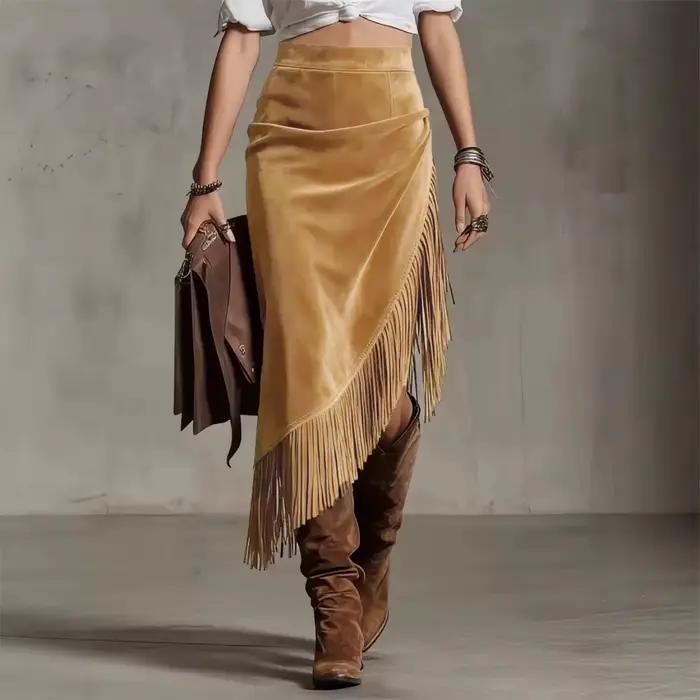 Jupe en daim de style western rétro, design irrégulier, jupe unie