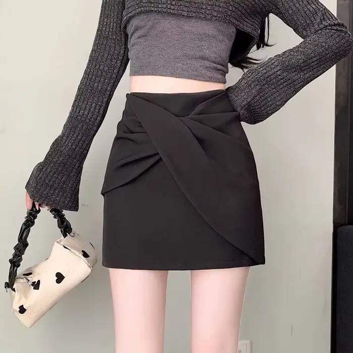 Nouvelle jupe coréenne ample à taille haute pour femme, avec fermeture éclair, couleur unie, plis ir