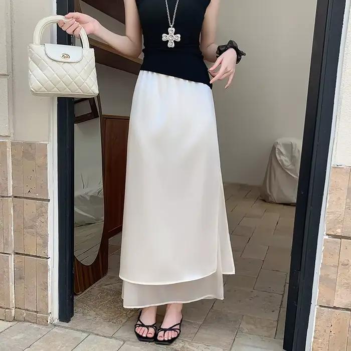 Acétate Satin Tulle lambrissé jupe fendue femmes été léger décontracté jupe longue taille haute élég