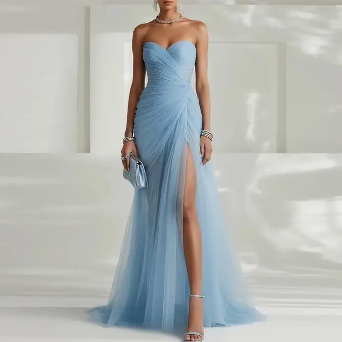 Robes de soirée élégantes et sexy pour femmes, couleur lavande, décolleté cœur, sans bretelles, fent
