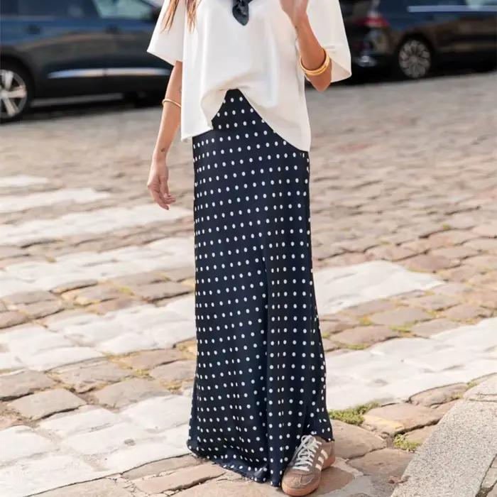 Femmes à pois jupe Maxi élégante moulante une ligne Flare jupes longues mignon points imprimé fluide