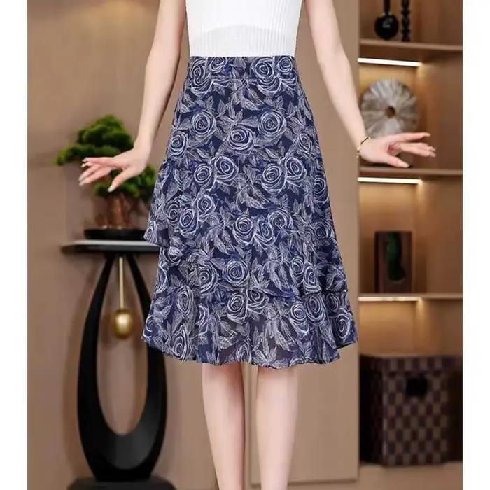 Jupe midi à volants taille haute pour femme, imprimé floral, en mousseline de soie, superposée, élég