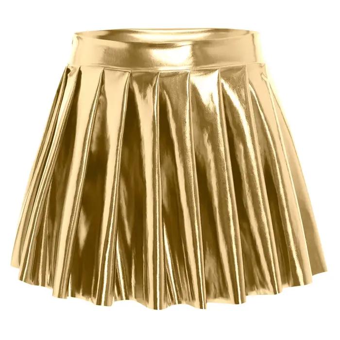 Mini jupe courte plissée métallique brillante pour femmes, taille haute, fermeture éclair latérale,