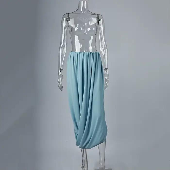 Linad élégant en mousseline de soie bleu fendu jupes longues femme décontracté taille élastique jupe