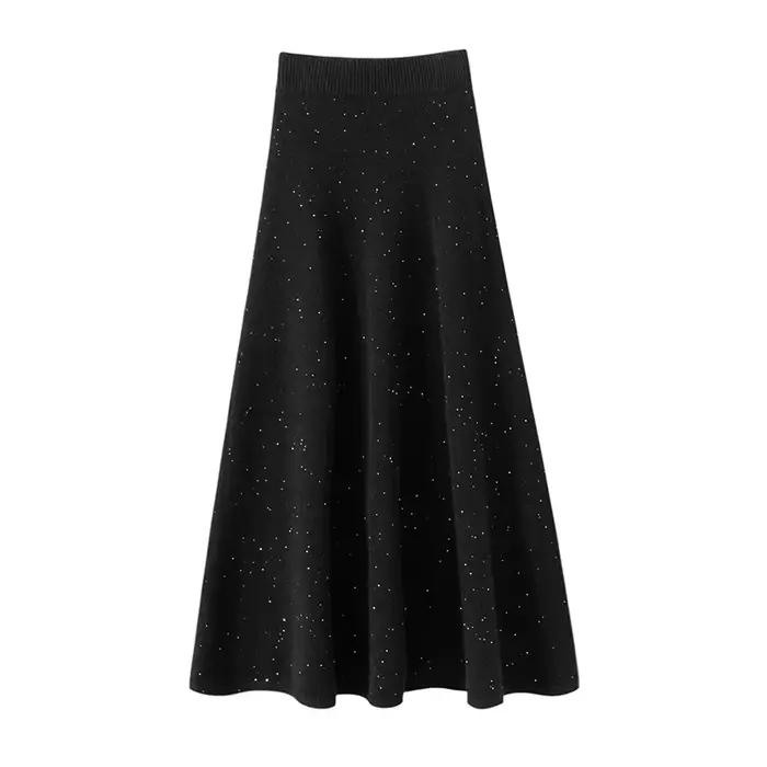 Chic femmes pull Suite jupe 100% cachemire a-ligne jupe automne hiver vague jupe élastique genou lon