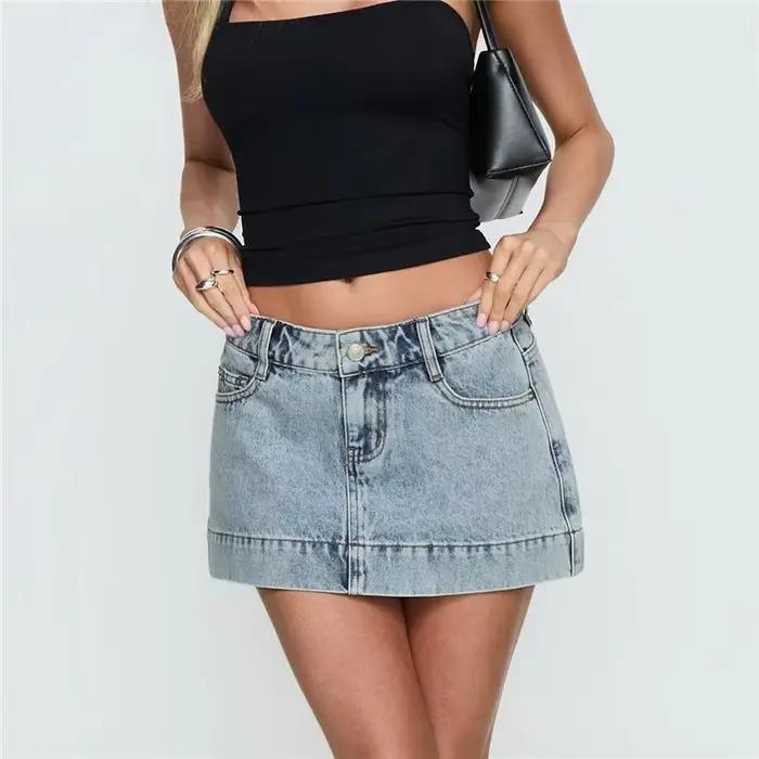 hirigin Jupe courte en micro-denim délavé rétro pour femme, taille basse, ourlet à coutures contrast