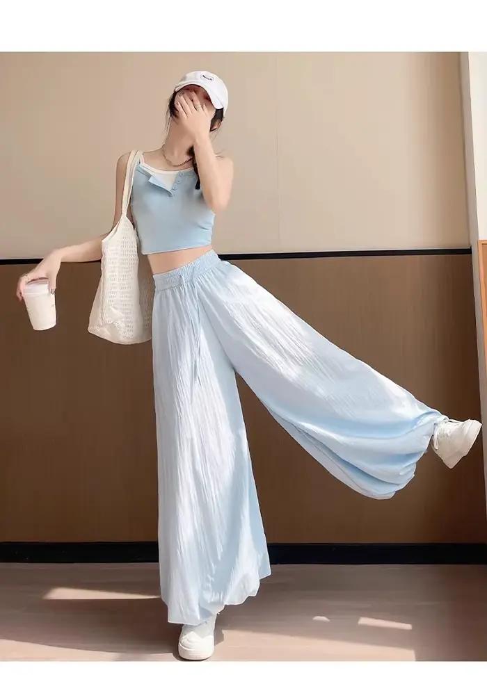 Jupe-pantalon ample style coréen pour femme, coupe large, taille haute, drapée, décontractée, évasée