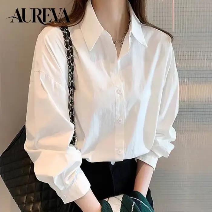 Chemisier blanc à manches longues pour femme, style vintage polyvalent, idéal pour le bureau ou comm