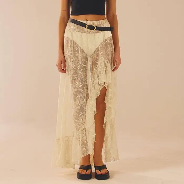 Femmes asymétrique dentelle jupes fluides Vintage jupes longues taille haute à volants Midi esthétiq