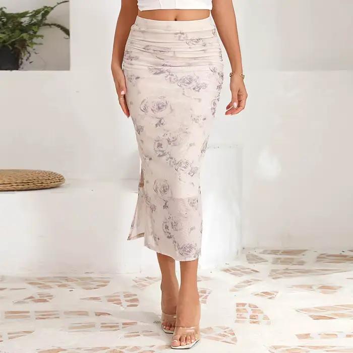Jupe midi pour femme avec imprimé résille sexy, fente latérale et taille haute, coupe élégante, tomb