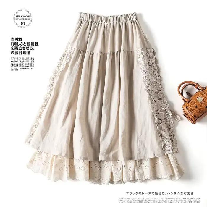 Vintage Chic broderie lin coton jupes longues femmes été élastique taille haute plissée Maxi jupe fe
