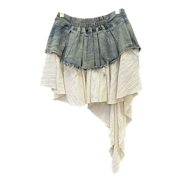 Jupe courte en jean taille haute patchwork pour femme, nouveau style été, élégante, froncée, à volan