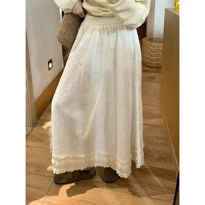 Jupe mi-longue brodée de fleurs creuses abricot français pour femmes, jupe mi-longue, Design tempéra