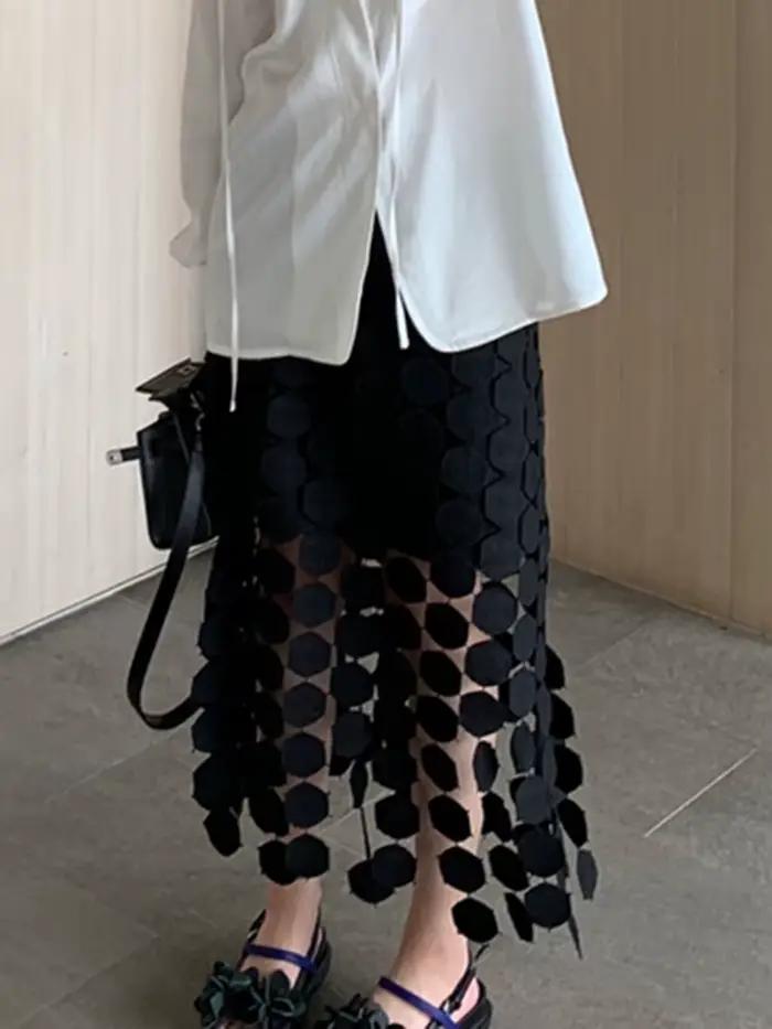 GALCAUR – jupe mi-longue élégante à pois pour femmes, avec des franges, taille haute, couleur unie,