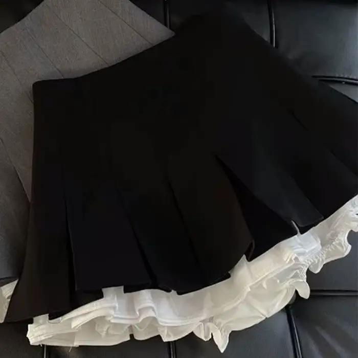 Mooyufon volants noir Mini jupe femmes coréen Patchwork jupes plissées japonais Kawaii taille haute