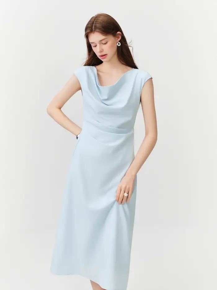 Robe longue drapée à col français FSLE pour femme, taille haute, ceinturée, plissée, coupe trapèze,