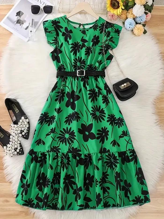 Jupe longue verte à fleurs chic pour adolescente avec ceinture - Décontractée, col rond, manches à v