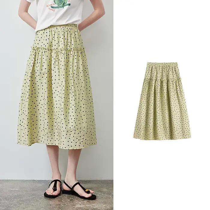 Jupe en Lyocell pour Femme TOYOUTH Été 2026 Vert Clair à Volants Style Rétro Français à Pois Vintage