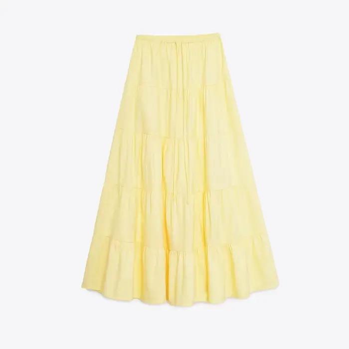 Jupe longue à panneaux jaune beurre pour femmes, avec cordon de serrage élastique, taille à la mode