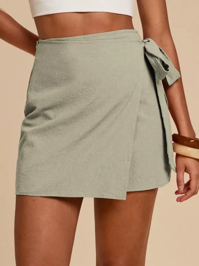 Jupe pour femme en lin, taille haute, asymétrique, avec fente, ceinture, couleur unie, simple, décon