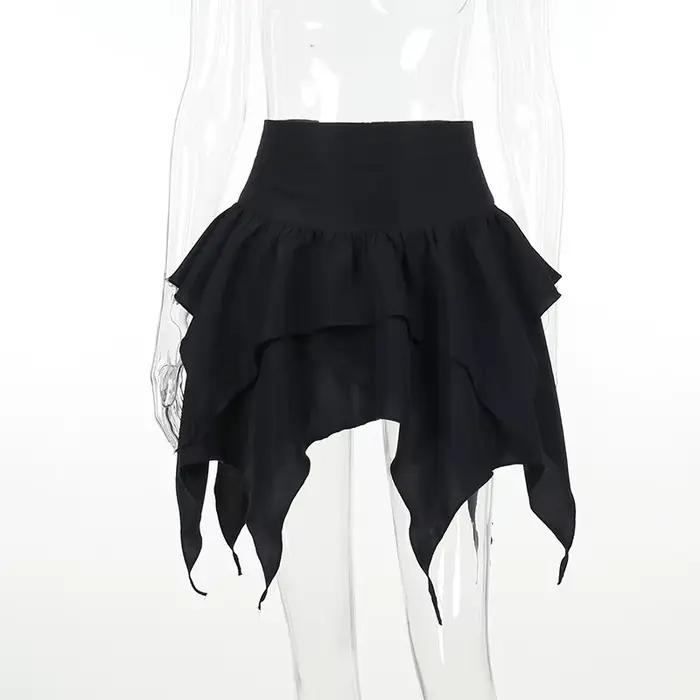 Mode d'été jupes courtes nouvelles femmes Sexy gothique Punk jupes irrégulières couleur unie cordon
