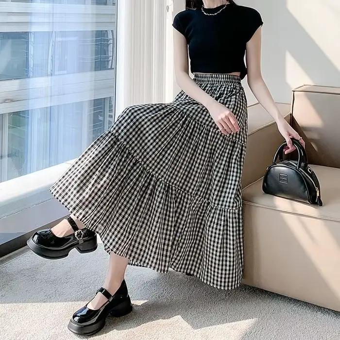 Jupe à plusieurs niveaux en Patchwork pour femmes, Vintage, à carreaux, taille haute, taille élastiq