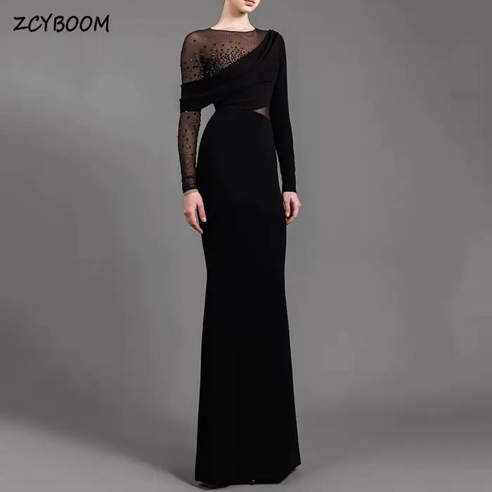 Robe de soirée élégante noire à manches longues ornée de strass, style sirène, longueur ras du sol,