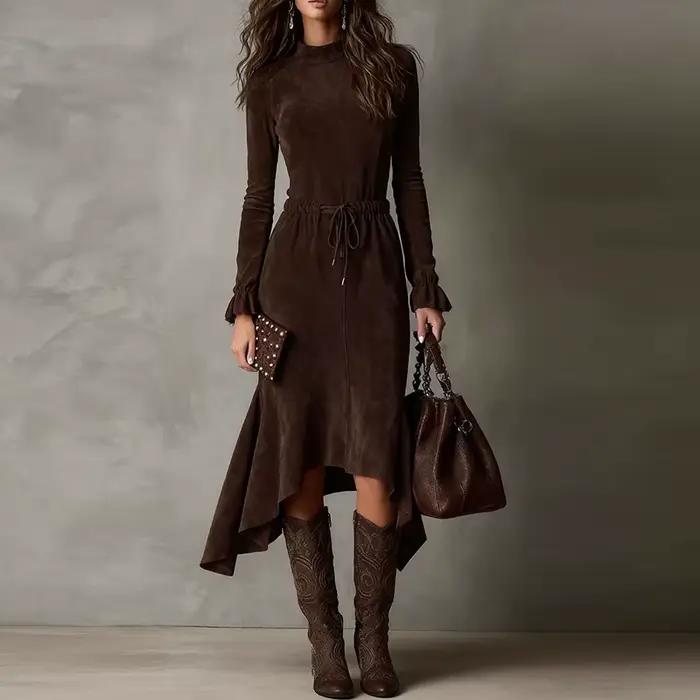 Mode automne hiver Double face robe en cachemire femmes décontracté à manches longues mince robes mi