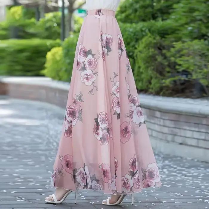 Mousseline de soie florale Maxi jupe d'été femmes longue taille haute vacances danse jupe élégante p