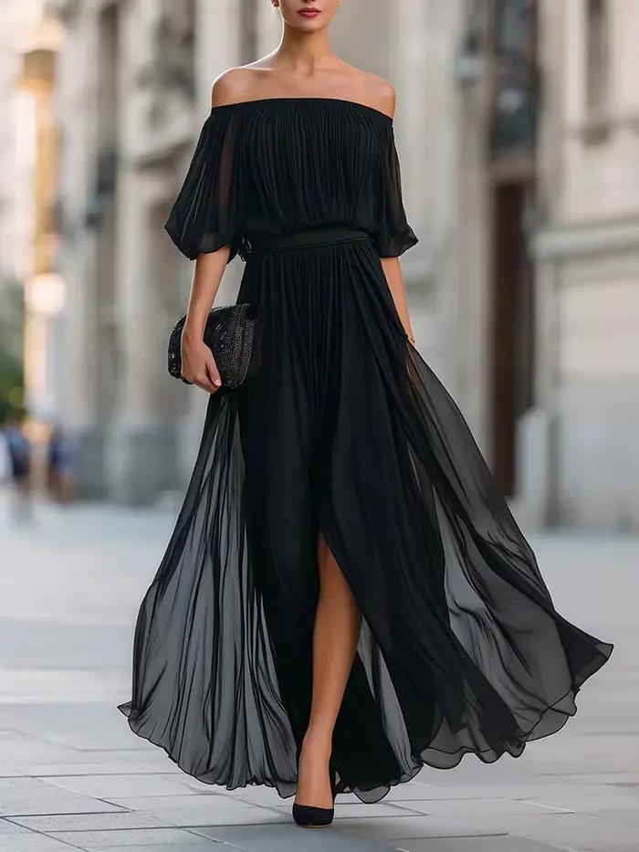 Robe longue décontractée pour femme à manches mi-longues, unie, élégante, fendue, taille haute, en m
