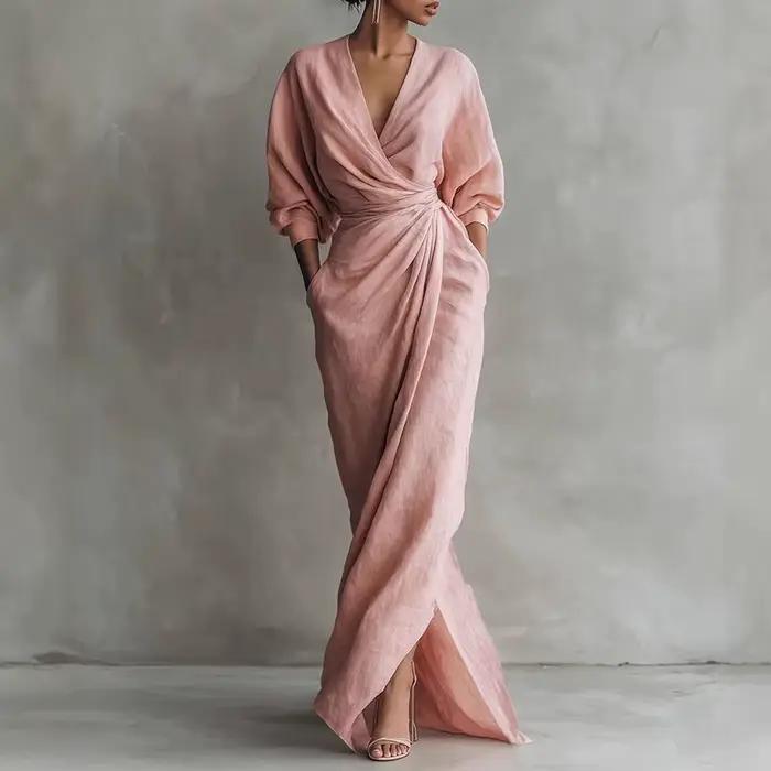 Robe longue décontractée bohème unie pour femme, élégante, col en V, poches, maxi, manches longues,