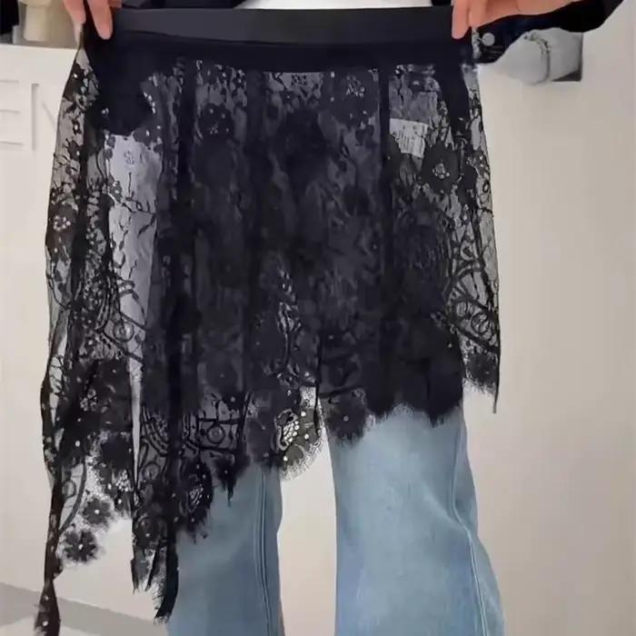 Jupe en dentelle patchwork pour femme, taille haute, avec panneau transparent superposé sur une jupe