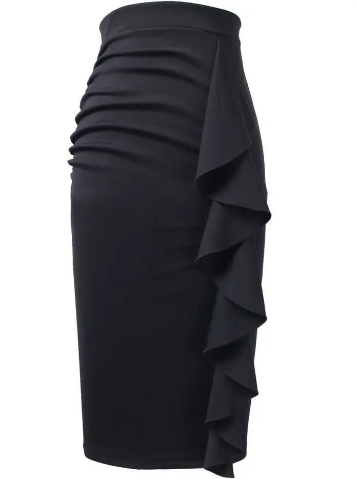 Jupe décontractée taille haute pour femme, style ajusté, longueur genou, avec volants et fente latér
