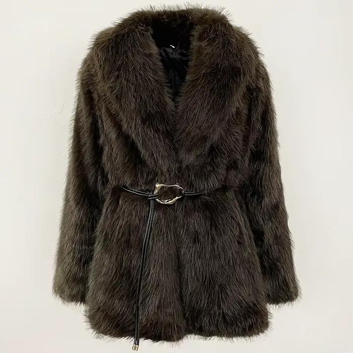Manteau en fausse fourrure écologique pour femme, nouveau modèle chaud, avec ceinture, noir, veste m