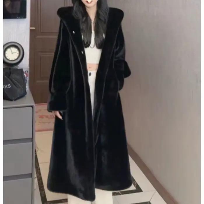 Manteau de fourrure long et épais à capuche doublé de fourrure pour femmes, manteau de fourrure du n