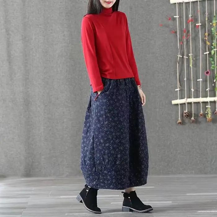 Jupe mi-longue rétro en coton et lin à imprimé floral artistique, épaissie et chaude, taille élastiq
