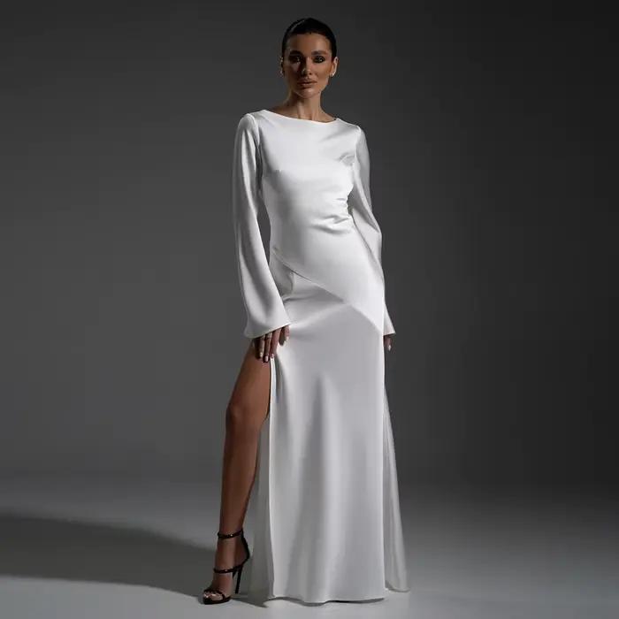 Robe de bal élégante en satin blanc avec fente haute, manches longues en taffetas, robe de mariée mo
