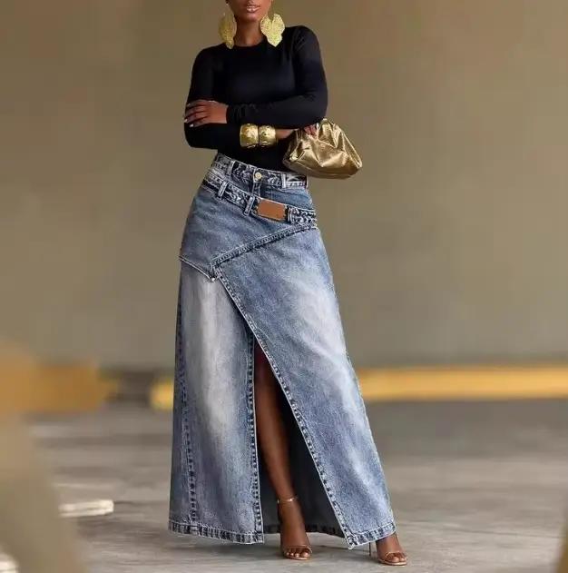 Jupe longue en jean décontractée pour femme, nouvelle collection printemps-automne 2026, couleur uni