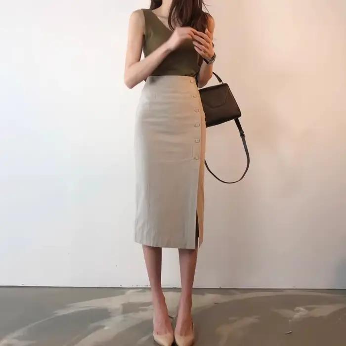 Jupe crayon mi-longue fendue taille haute pour femme en coton et lin, élégante pour le bureau
