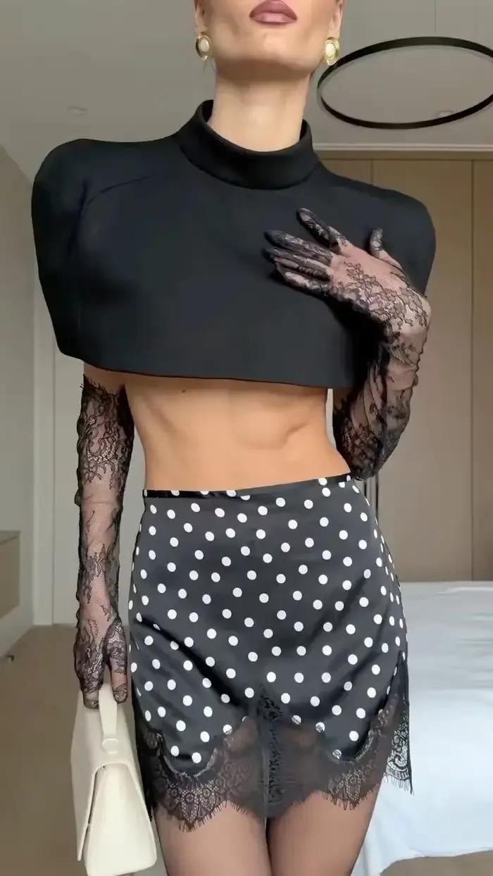 Femmes élégantes dentelle Patchwork à pois Mini jupe Sexy taille haute Satin mince bas court 2026 pr