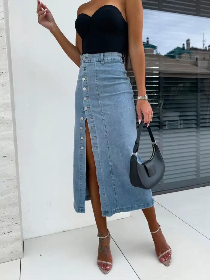 Jupe en jean vintage pour femme, fendue, irrégulière, taille haute, slim, ligne A, simple boutonnage