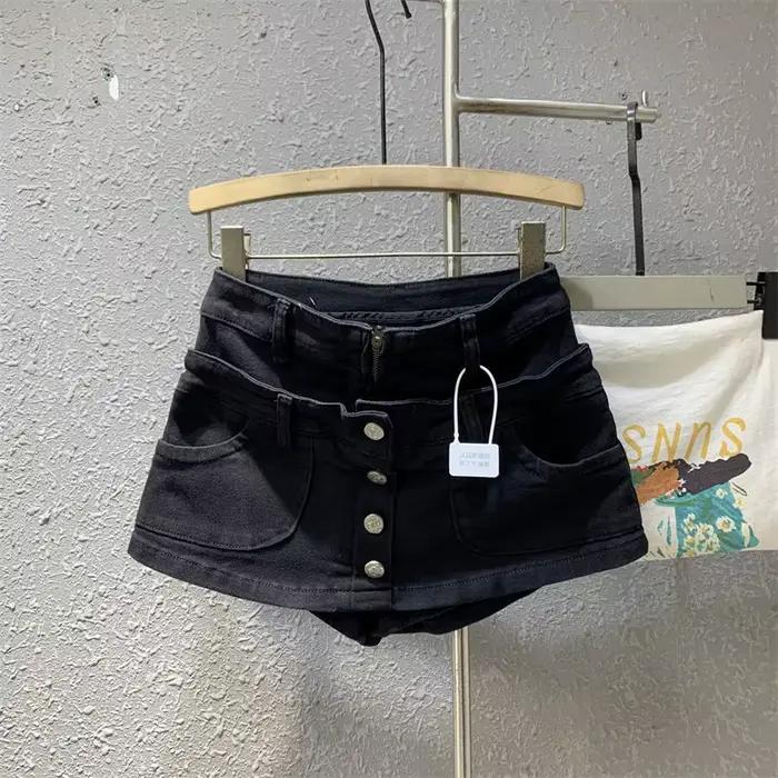 Jupe courte en jean effet deux pièces pour femme, style décontracté américain, délavée, rétro, coupe