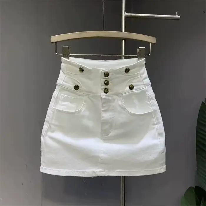 Nouvelle jupe en jean taille haute blanche bouton a-word jupes de hanche pour les femmes avec poche